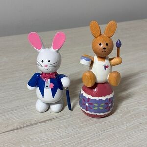 Vintage Wooden Easter Bunny Figurines Hand Painted Decor Set Spring Painting Tux